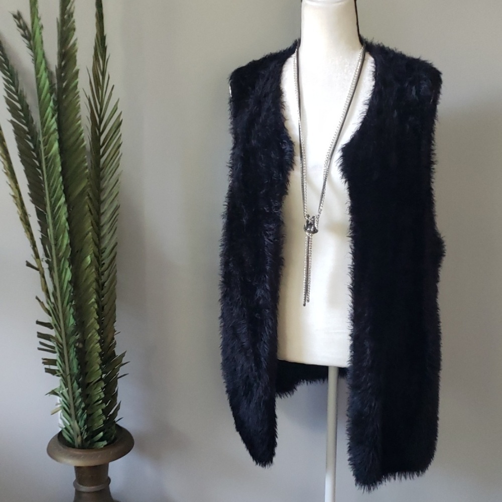 Calvin Klein black faux fur vest NWT